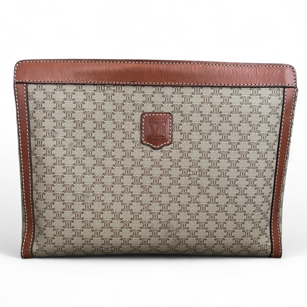 Celine Triomphe Brown Coated Canvas Pouch Clutch